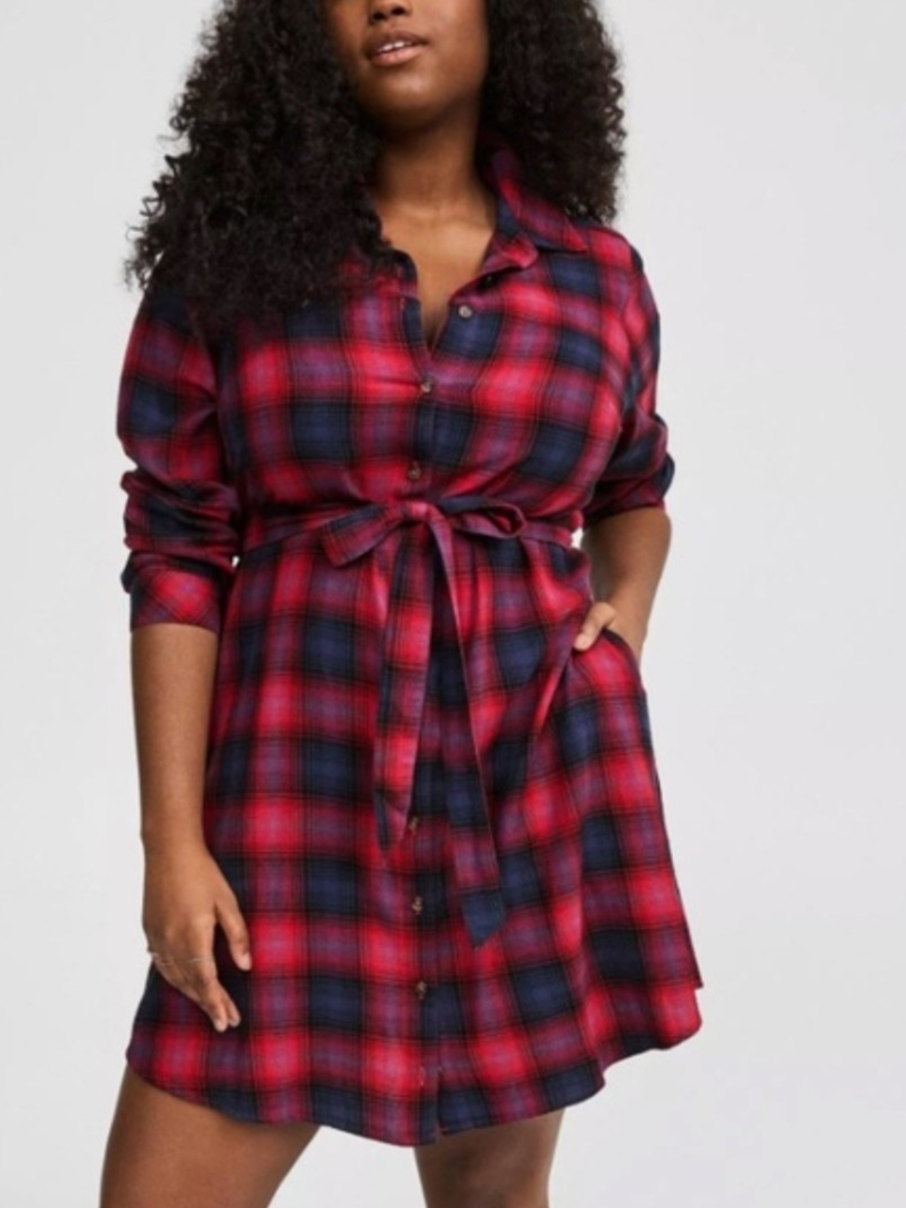 torrid Red and Navy Plaid Tie-Waist Shirt Dress